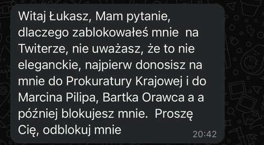 Wiadomość od osoby powiązanej z Pohnkem — pogróżki i powoływanie się na ABW