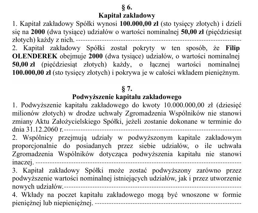 Akt założycielski spółki — kapitał zakładowy i udziały Filipa Olenderka
