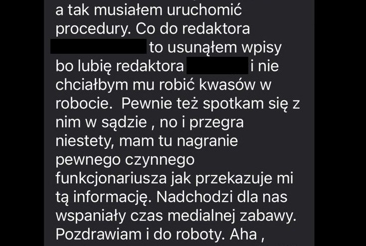 Wiadomość Filipa Olenderka — przyznanie się do inwigilacji i pogróżki