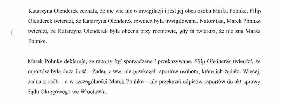 Fragment akt sądowych — zeznania dotyczące raportów Pohnkego